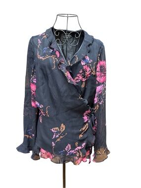 Ashley Stuart Silk Floral Wrap Blouse in Black with Pink Accents size 16
